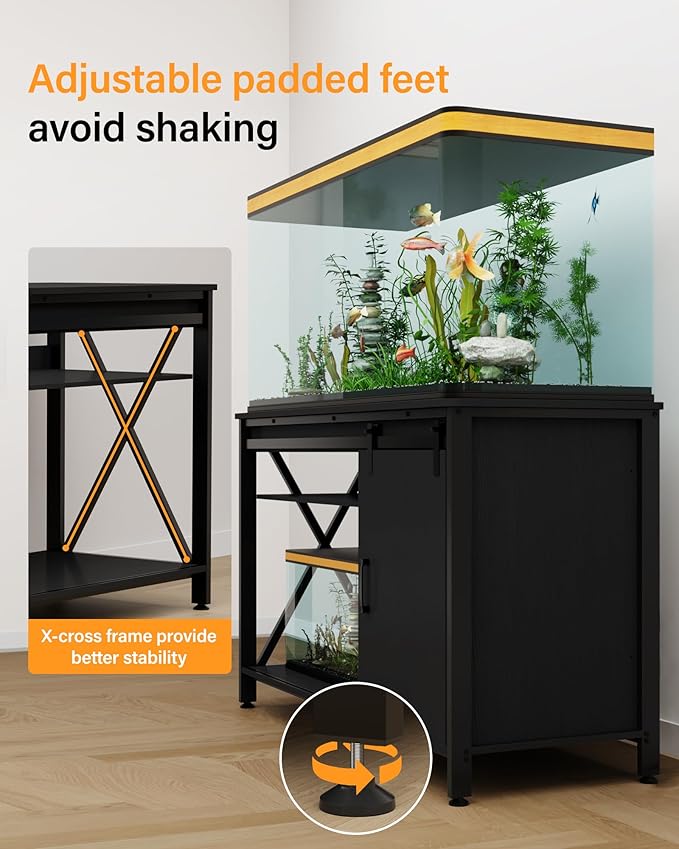 55 Gallon Fish Tank Stand, Large Aquarium Stand with Accessories Storage, Double Tankl Stand, Metal Frame Reptile Tank Table, 850LBS Capacity (Black, 55-75 Gallon)