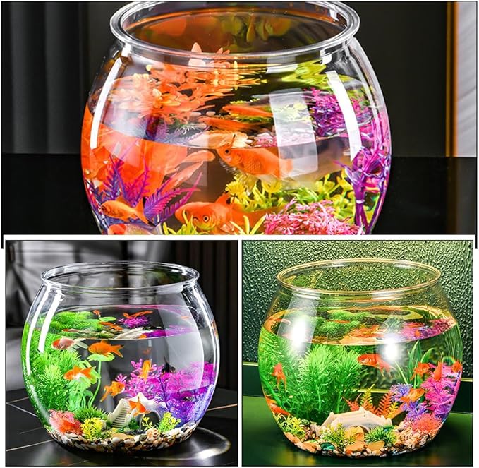 Angoily Transparent Plastic Fish Bowl 5.11 Inch Small Round Aquarium Tank for Goldfish Desktop Office Home Decoration Portable Small Aquarium
