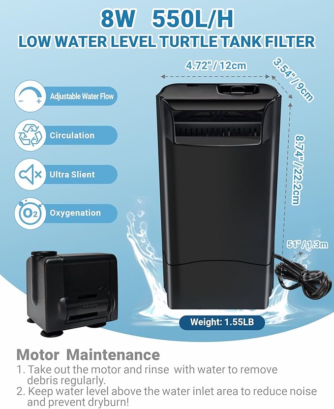 GOZILLA 148GPH Turtle Tank Filter 8W Adjustable Water Flow, Aquarium Filter for Low Water Level Tank, Turtle Filter Quiet Waterfall Fish Tank Filter for 10-30 GAL. (Black)