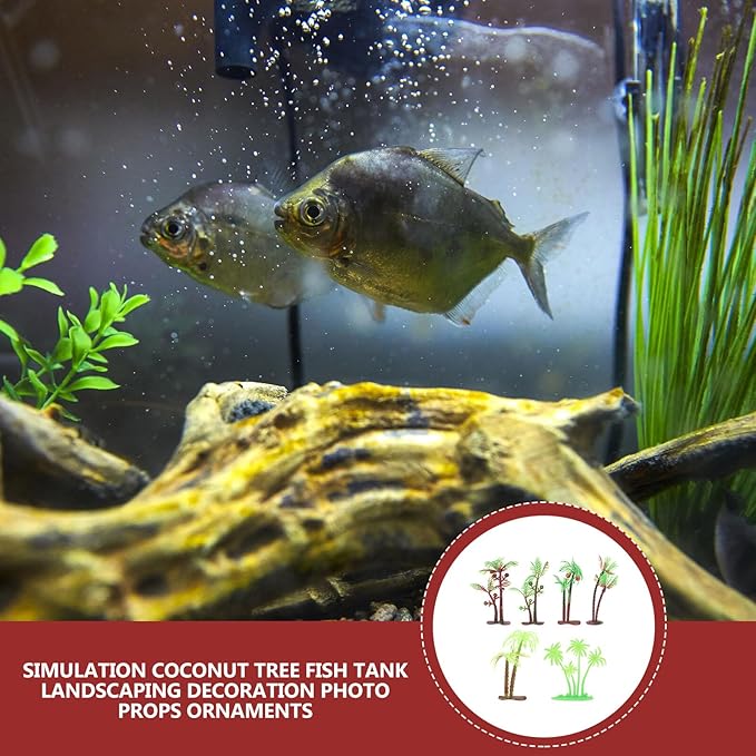HOMSFOU 72pcs Set Artificial Mini Coconut Tree Aquarium Decor, Plastic Simulation Palm Tree for Fish Tank Landscape, Green Micro Plant Ornament for Aquatic Pets and Sand Table Style