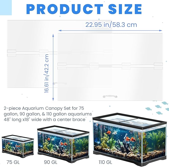 Sieral Aquarium Lids Polycarbonate Canopy 2 Pieces Set 22.95 x 16.61 x 0.12 inch for 75/90/110 Gallon with Center Brace Aquariums Cover Fish Tank Lid with a Hook Knife, Clear