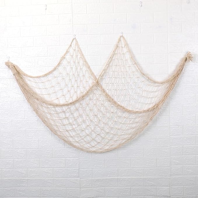 Fish Net Decorations for Party, Natural Cotton Hawaiian Party Large Fishing Net Decorative 78 x 59 Inch, Nautical Themed Cotton Fishnet with 9 Shells for Birthday Wedding Ocean Beach Decor