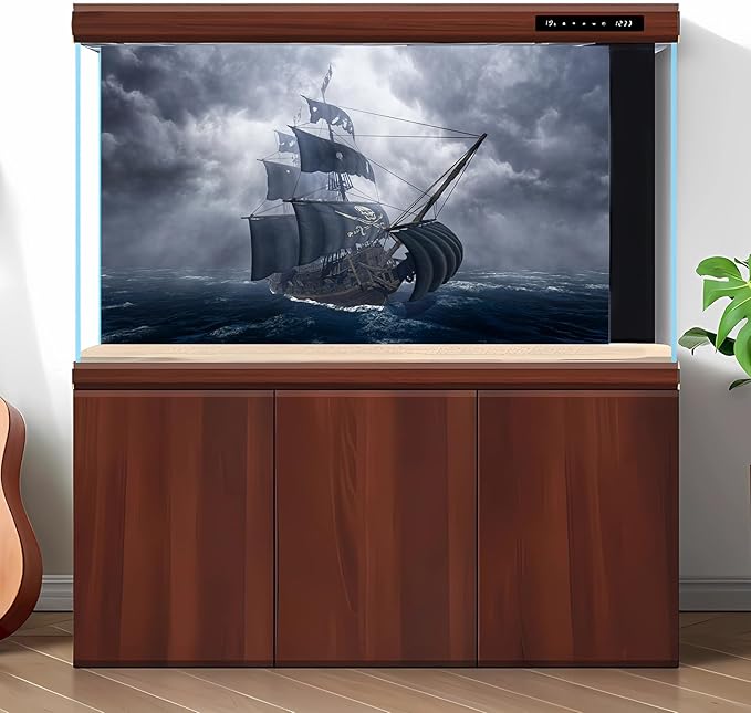 Ancient Pirate Ship Aquarium Background Mysterious Cloudy Stormy Sea Fish Tank Background Rough Open Seas Vintage Sailing Old Ship Scenery Terrarium Backgrounds for Home Tank Decors 30x12in