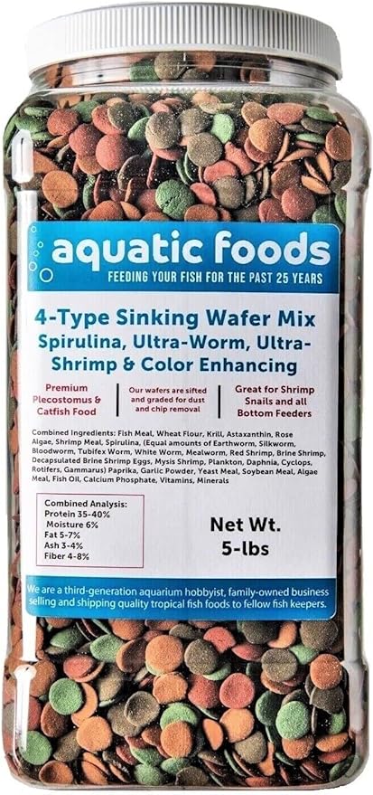 4-Type 12mm - 1/2" Sinking Wafer Mix of Spirulina-Algae, Ultra-Worm, Ultra-Shrimp, Color Enhancing Wafers for Shrimp, Snails, Crabs, Crayfish, All Tropical Fish..5-lb Lg Jar