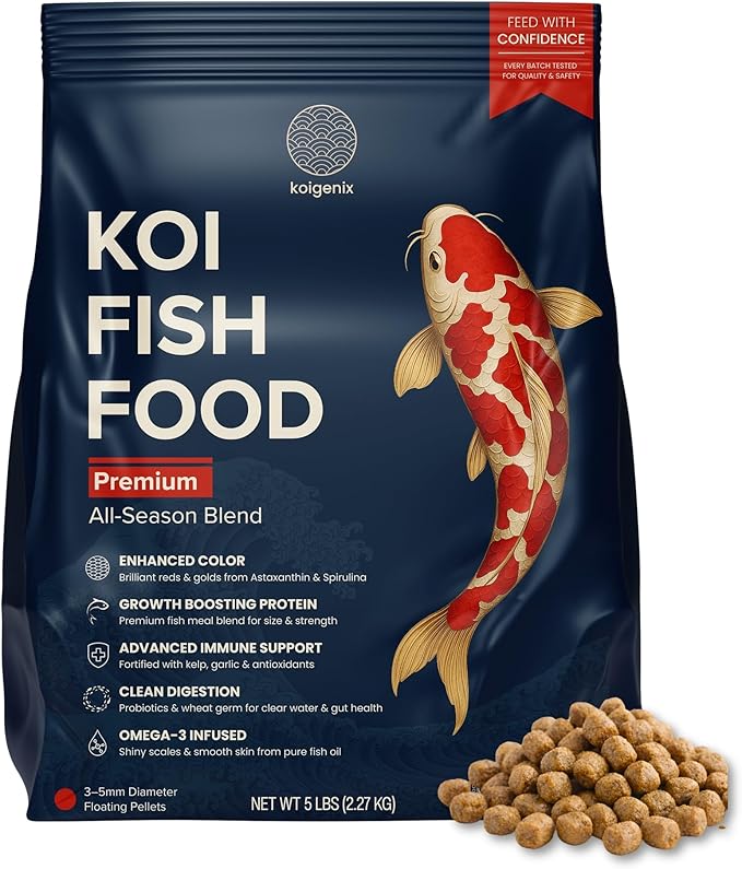 Koi Fish Food (5lb) - Growth & Color Formula, High Protein Floating Pellets with Spirulina, Krill & Probiotics, Easy to Digest, Cleaner Water, All Season - for Koi, Goldfish & Pond Fish