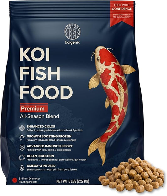 Koi Fish Food (5lb) - Growth & Color Formula, High Protein Floating Pellets with Spirulina, Krill & Probiotics, Easy to Digest, Cleaner Water, All Season - for Koi, Goldfish & Pond Fish