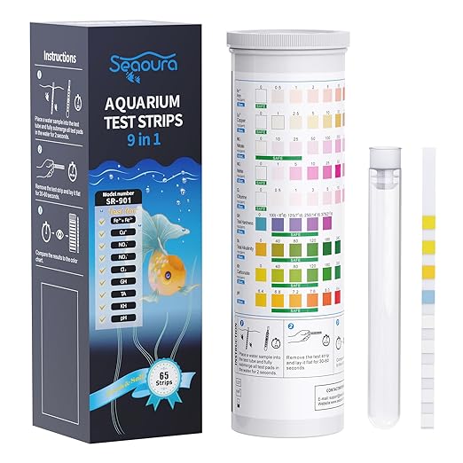 SEAOURA 9-in-1 Aquarium Test Kit for Fish Tanks - 65 Strips Water Testing Strips for Aquariums & Ponds Accurate Testing Iron，Copper，Nitrate，Nitrite，Chlorine，Hardness，Alkalinity，Carbonate，pH