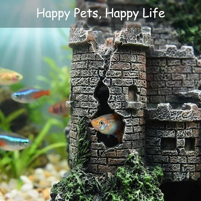 Aquarium Resin Castle Decoration, Air Bubbler Stone Cave Hideout House for Betta Fish, Shrimp & Turtles, Fish Tank Ornament Accessories for Breeding, Playing & Resting ，Decorative Bubbling Castle