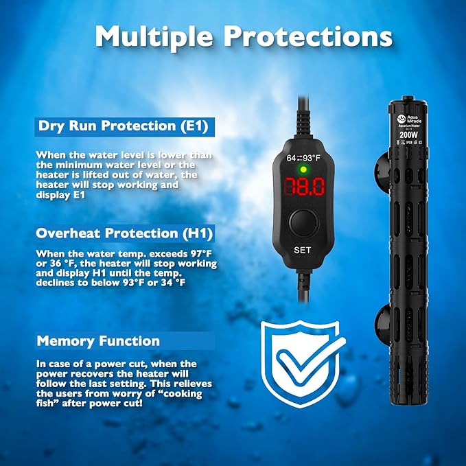 AquaMiracle Submersible Aquarium Heaters, 200W Fish Tank Heater with LED Digital Temp Display, Dry-Run Auto Power-Off & Overheat Protection, for Freshwater and Saltwater Tanks (20-40 Gal)