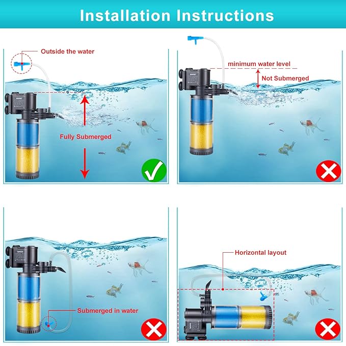 Internal Fish Tank Filter, 3-Stage Biochemical Sponge Filtration, 90GPH Adjustable Water Flow & Oxygen Submersible Aquarium Filter Pump with Aeration for 20 ~ 30 Gallon Freshwater, TH-280B(90GPH)