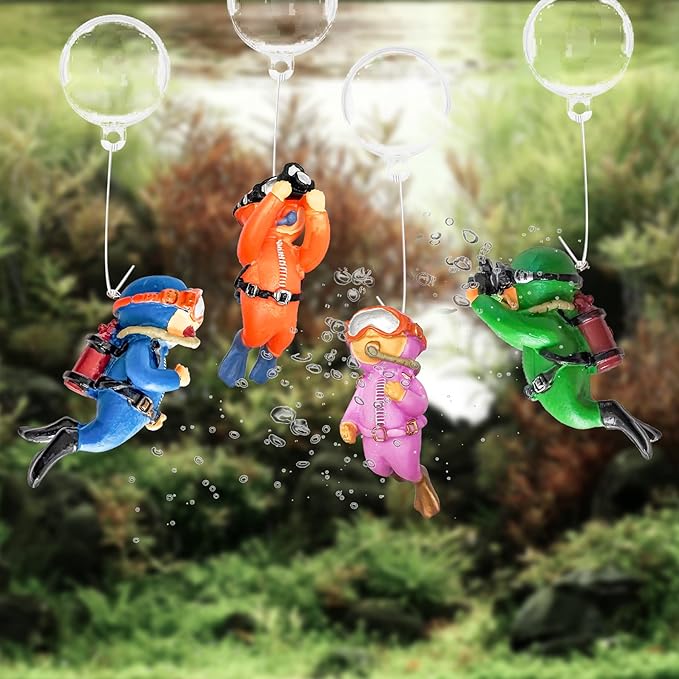 Philbinden 4 Pack Floating Fish Tank Decorations，Cute Little Diver Aquarium Decoration Cartoon Fish Playmate with Floating Device Fish Tank Accessories