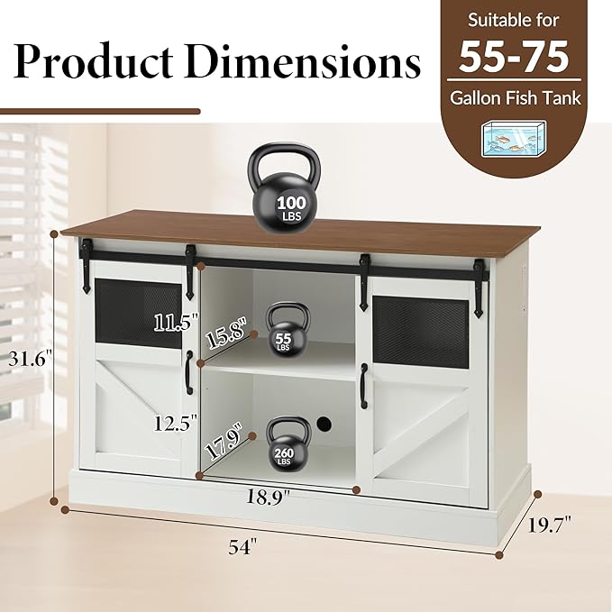 TITIMO 55-75 Gallon Fish Tank Stand with Power Outlet, Heavy Duty Large Aquarium Stand with Sliding Barn Door and Cabinet Storage for 2 Fish Tank Turtle Tank Reptile Terrarium, 1300LBS Capacity(White)