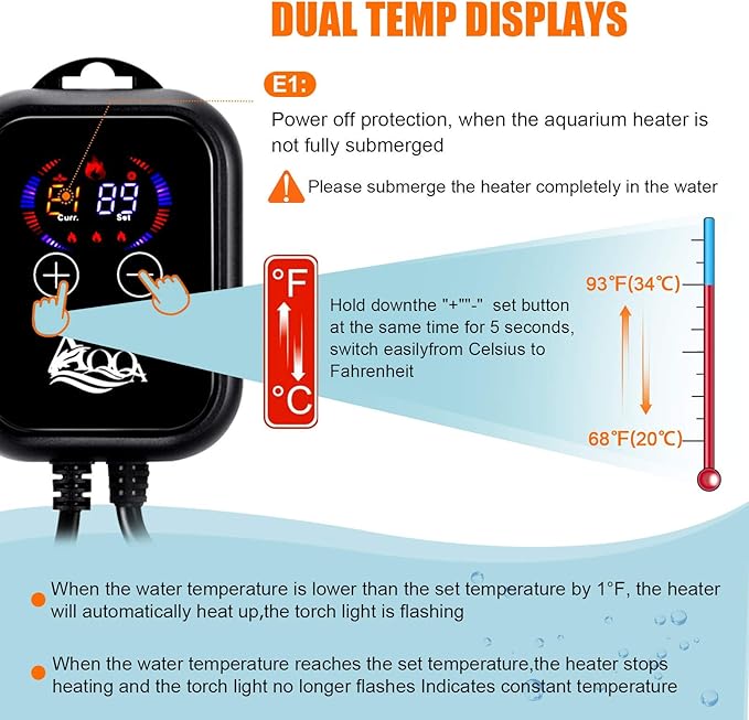 AQQA 1000W Submersible Aquarium Heater for Fish Tank Betta Digital Thermostat Pond Heater with External Controller Temp Range 59-93 ℉ for Freshwater and Saltwater (1000W for 120-280 Gallon Tank)