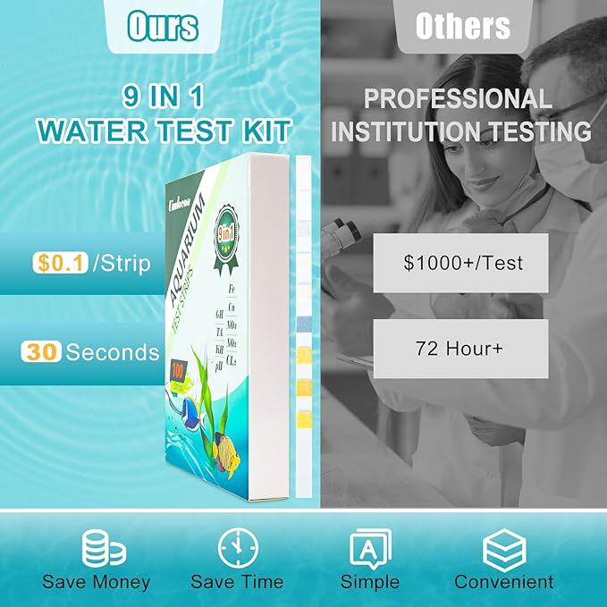 Umlecoa 9 in 1 Aquarium Test Kit for Freshwater and Saltwater - 100 Aquarium Test Strips with Test Tube & Thermometer - Fast & Accurate Water Testing Strips for Aquarium/Pond/Pool