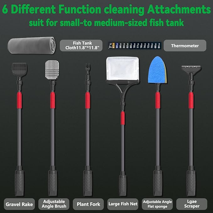 Aquarium Clean Tool 6 in 1 Fish Tank Cleaning Kit, Multi-Use Fish Tank Cleaner Brush, Algae Scraper Scrubber Pad Adjustable Long Handle Fish Tank Brush for 20-160 Gallon Acrylic & Glass Tank (L)