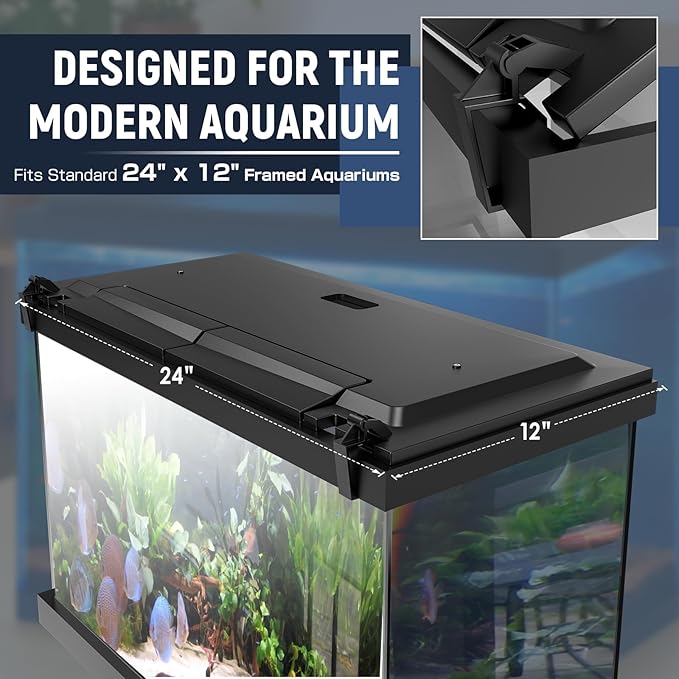 LED Aquarium Hood, Fish Tank Cover with Adjustable Brightness White Tube Light, Replaceable Full-Length Bulb, Fits 24-Inch Framed Aquariums, Black