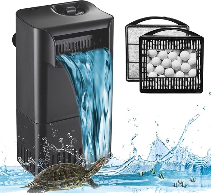 Turtle Tank Filter Power Adjustable 10-40 Gal. 222 GPH Aquarium Filter w/ Filter Mdeia Accessories 1Pcs Ceramic Ball Plate & 4pcs Low Water Level Power Filter Replacement Sponge Clip for IX-90 Filter