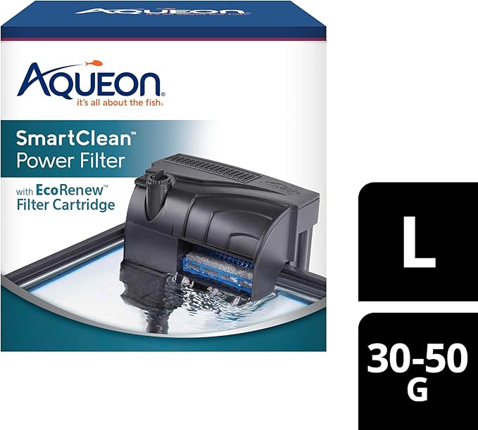 Aqueon SmartClean Power Filter with EcoRenew Filter Cartridge, Quick and Easy Water Changes, Quiet Operation, Adjustable Flow, for 30-50 Gallon Freshwater and Saltwater Aquariums, Large