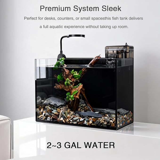 Nano Nature Aquarium Kit,2.8 Gallon Small Aquarium Set Glass Fish Tank with Waterfall Filter and Light for Beginners and Children to Keep Betta Fish, Goldfish, Shrimp, and Aquatic Plants