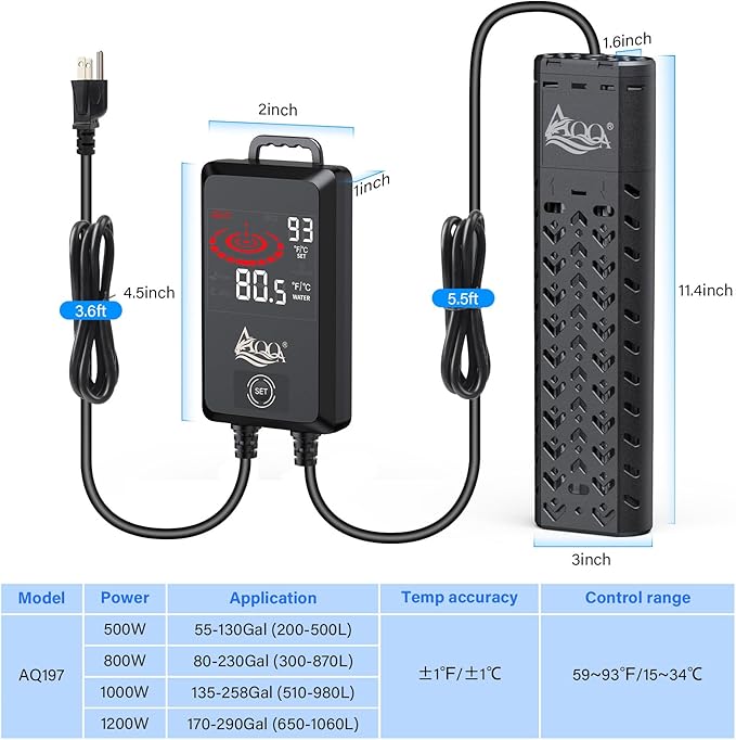 AQQA Aquarium Heater 800W for Large Fish Tank 80-230 Gallon Quartz Glass Submersible Betta Fish Heater with Overheat & Dry-Run Protection Adjustable Temp Range 59-93℉ (AQ197-800W for 80-230Gal)
