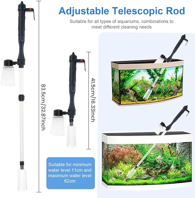 Fish Tank Siphon Vacuum Cleaner, Aquarium Gravel Cleaner with Filter, Fish Tank Cleaner for Water Change, Sand Cleaning and Remove Dirt, 4 in 1 Fish Tank Cleaner Vacuum with Adjustable Length