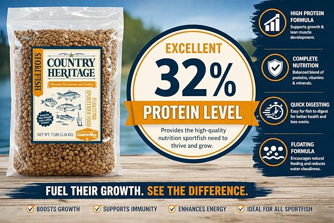 CountryMax Floating Sportfish Game Fish Food – 32% Protein, 7 lb Bag – Ideal for Bass, Bluegill, Catfish, Carp, Minnows & More – Pond & Lake Use