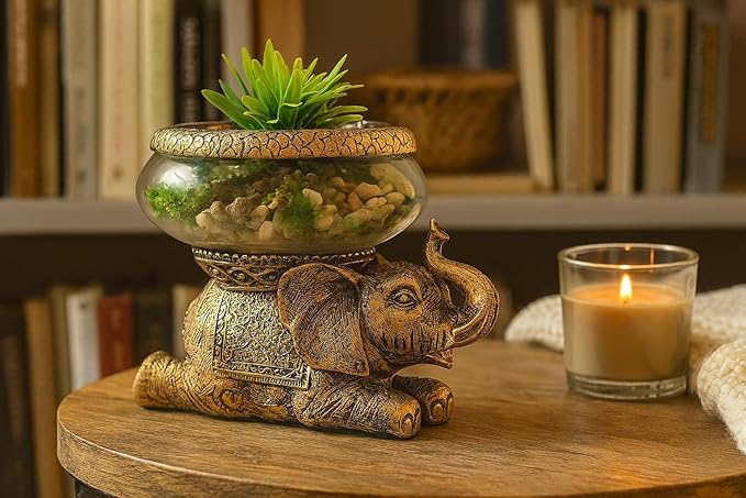 Good Luck Elephant Glass Bowl Gold Antiqued Polyresin Decorative Figurine with Removable Glass Bowl Terrarium, Candle Holder, or Tabletop Aquarium Home Decor with Gift Box