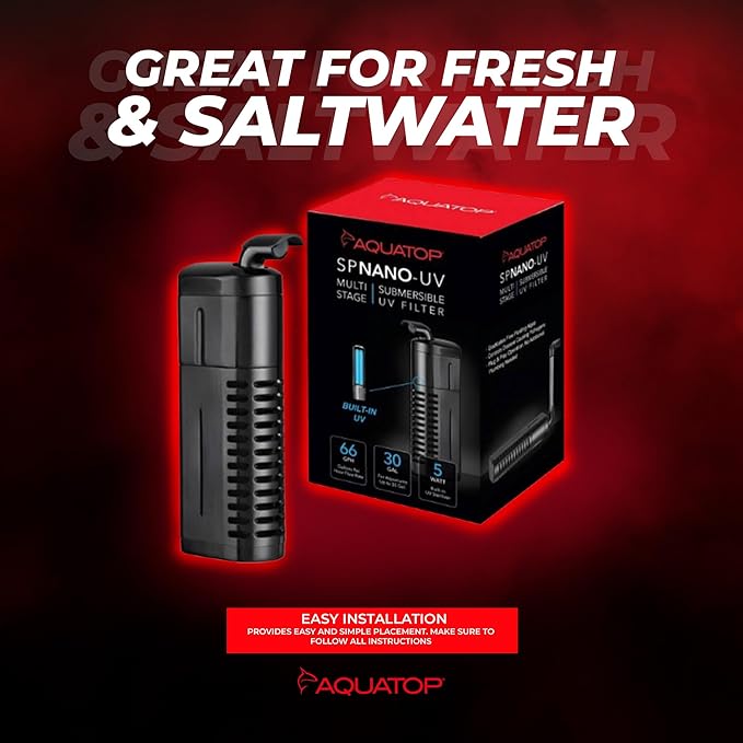 Aquatop 5W Submersible Nano Filter – for 10-30 Gallon – 66 GPH Flow Rate – for Crystal Clear Water – Ideal for Fresh & Saltwater Use – SPNANO-UV