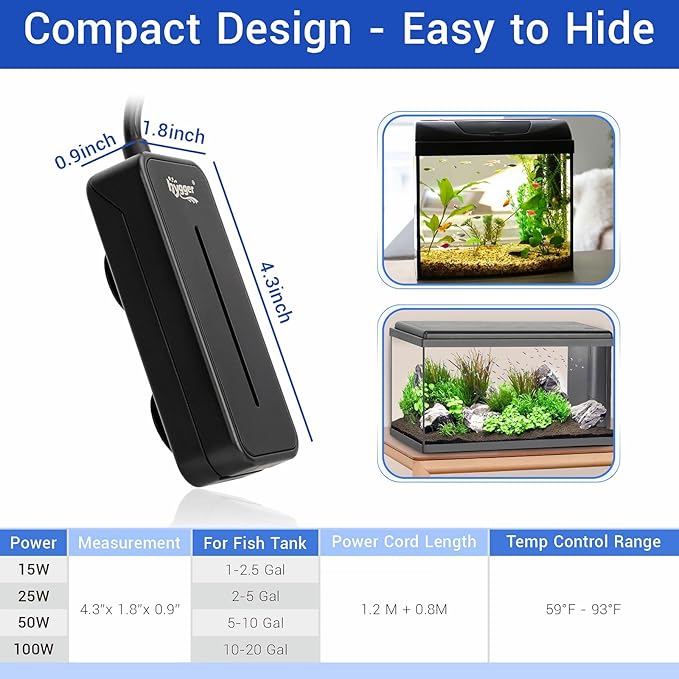 hygger Small Submersible Aquarium Heater 25W Mini Betta Fish Tank Heater with LED Display Adjustable Temperature for 2-5 Gallon Freshwater Saltwater Coral Reef Tanks