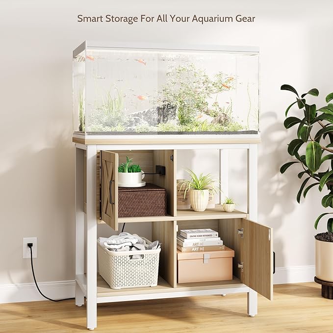 20-29 Gallon Fish Tank Stand with Power Outlet, Farmhouse Aquarium Stand with 2 Cabinets, 20 Gallon Fish Stand with 4 Adjustable Legs, 16.5" L*30.7" W Tabletop (White)