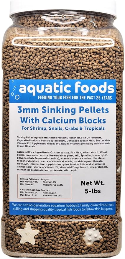 Calcium Blocks Included in These 40% Protein 3mm Sinking Pellets for Shrimp, Snails, Crabs, Catfish, Plecos for All Tropical Fish. Pellets by Zeigler…5-lb Lg Jar