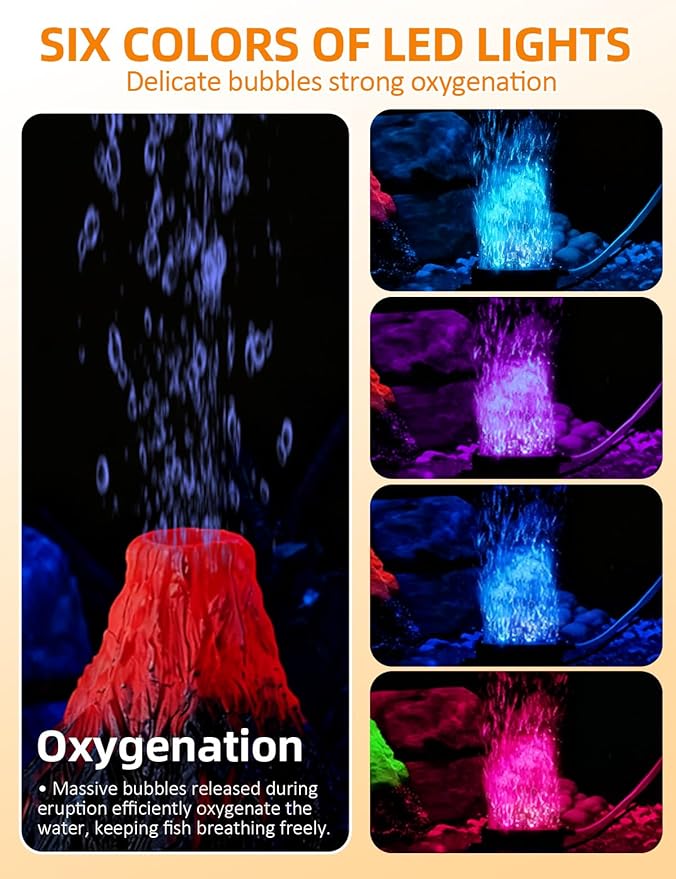 Aquarium Volcano Ornament Kit,Bubbler Decoration for Fish Tank Resin Volcanic Decoration with Air Stone Bubbler Colorful LED Light