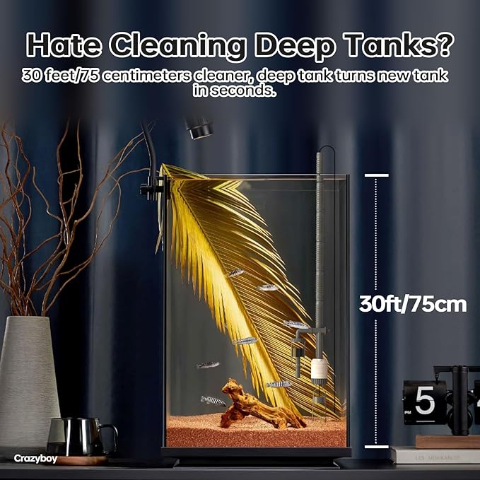 Aquarium Gravel Cleaner Fish Tank Vacuum - 6-in-1 Automatic Removable Vacuum Electric Tool , 30W Strong Suction Electric Cleaner with Adjustable Motor for Efficient Water Change & Cleaning.(Grey)