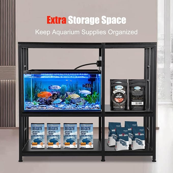 FAHKNS 40 50 Gallon Aquarium Stand 36x18 Inch Heavy Duty 750lbs Capacity, 3-Tier Black Adjustable Shelf Steel Frame Fish Tank Stand with Power Outlet Suitable for Home Office