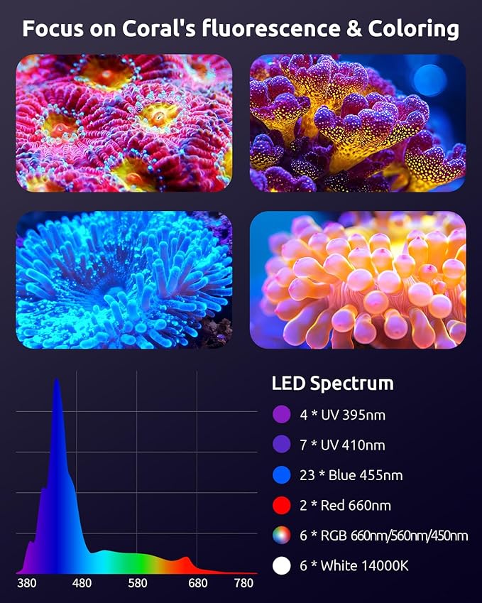 SEAOURA LED Reef Light for Corals, 120W Coral Lights for Reefs Aquarium Tanks, 395nm to 665nm Full Spectrum Programmable with 24/7 Custom Timer for Saltwater Fish Tank SPS LPS