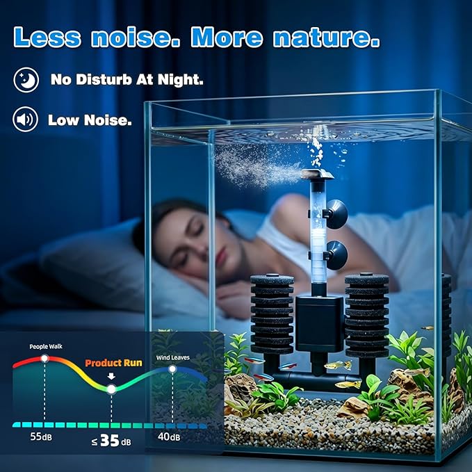 TARARIUM Aquarium Sponge Filter 5-20 Gallon Fish Tank Filter, Electric Power Double Sponge Filter, Quiet Small Low Flow Foam Filter for Fish Tank Betta Shrimp, Intake Dual Sponge Filter Kit w/Pump