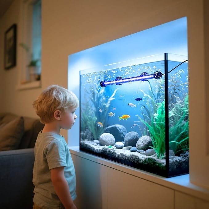 LED Submersible Aquarium Light 12W Underwater Fish Tank Light with Blue White&Blue and White Three Light Modes Timer Automatic On/Off and Dimmer Brightness Adjustable (22.8inch)