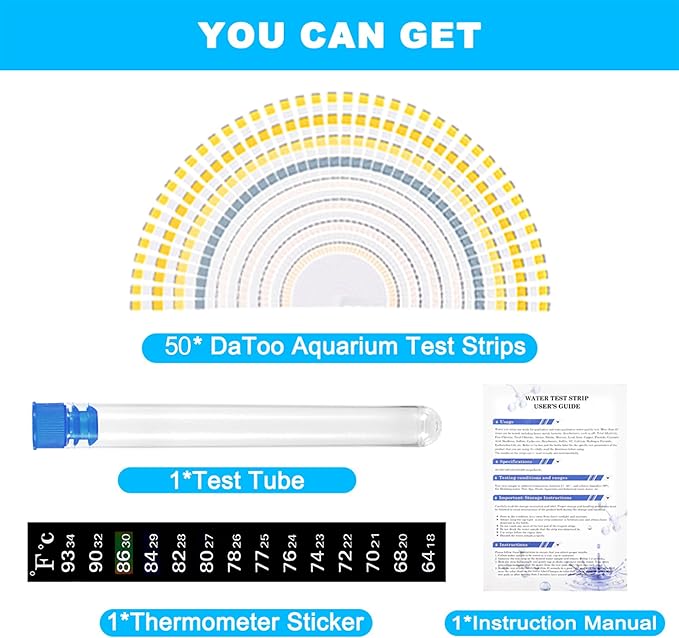 DaToo 8 in 1 Aquarium Test Kit Fish Tank Test Strips Accurate Water Quality Testing Strips for Ammonia PH Total Alkalinity Carbonate Hardness Free Chlorine Nitrate Nitrite Temperature (50 Strips)