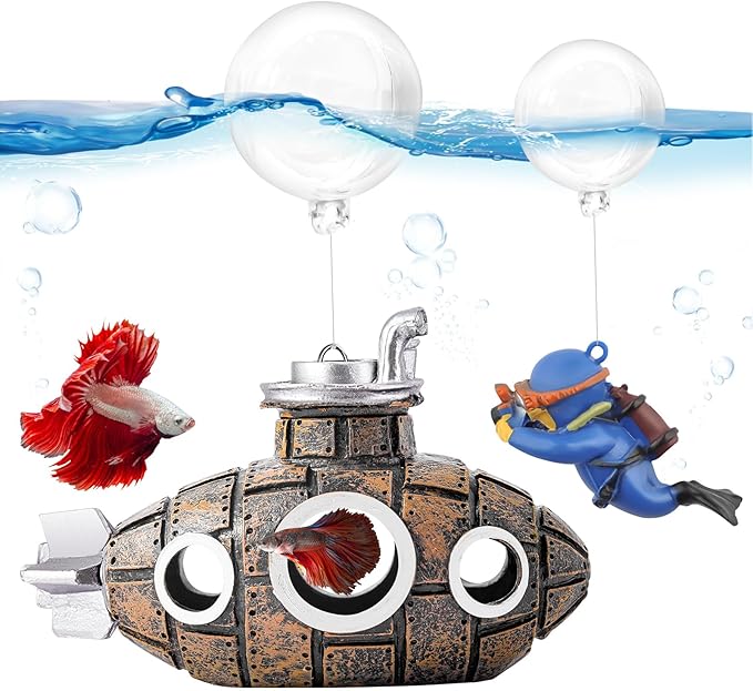 CousDUoBe New Upgrade Floating Fish Tank Decoration, Cute Retro Submarine Set and Floating Diver,Three Float Balls, Aquarium Decorations Resinous Betta Fish Tank Accessories