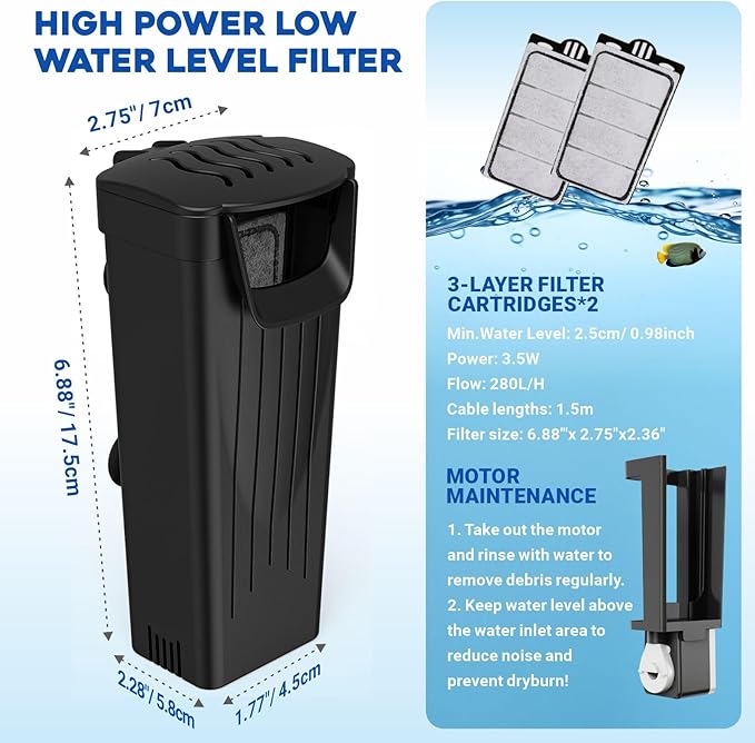GOZILLA Turtle Tank Filter 74GPH, Low Water Level Turtle Tank 3.5W Fish Tank Aquarium Filters for Small Tanks up to 15 Gallons Include 2 Replacement Cartridge.(Black)