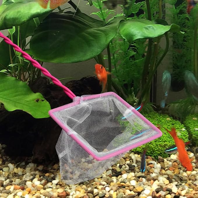 POPETPOP Aquarium Fish Net 19.3 Inch Long Handle Fine Mesh Fishing Scoop Net for Fish Tank Freshwater and Saltwater Use Durable Wire Core Frame