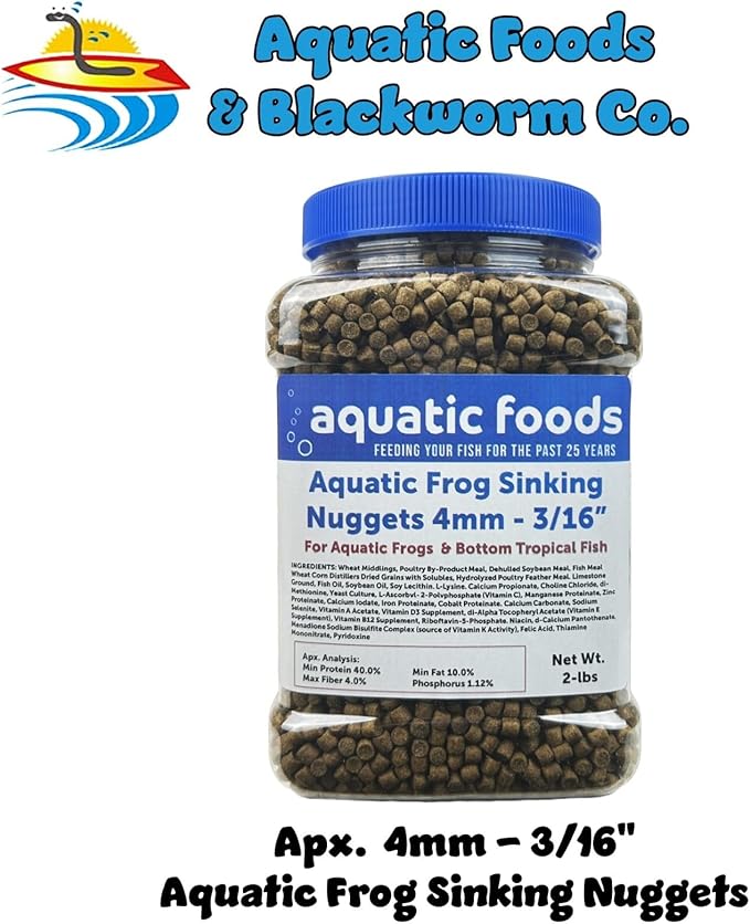 Aquatic Frog 4mm Sinking 40% Protein Nuggets. Ideal for All Frogs and Bottom Tropical Fish…2-lbs Jar