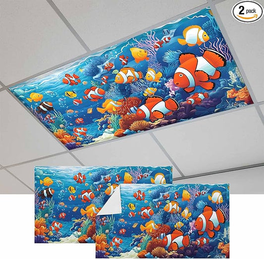 Marine Organism 2PCS Fluorescent Light Covers - Lampshade Ceiling Lights with 10 Magnets Fixtures, Underwater World Fish Coral Light Filters Cover Panel for Soften Glare Indoor Spaces Supplies