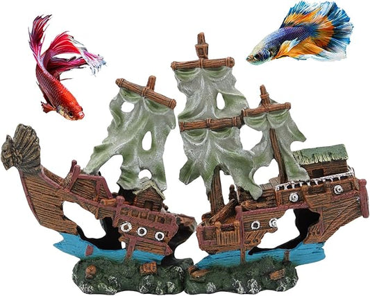 UNEAK - Shipwreck Aquarium Decorations Pirate Ship Ornament w/Sail (2 Pieces) 5 Gallons and Larger Fish Tank, Sunken Ship Decoration Ornaments, Decorative Resin Boat for Freshwater Saltwater Decor