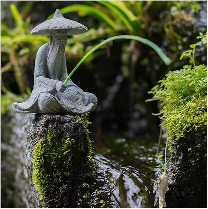 livelyfish Mini Fisherman Statue Asian Zen Decoration Sitting Fishing Figurines Sandstone Vintage Ornament for Aquarium Fish Tank Pot Garden Home Japanese Decor,D