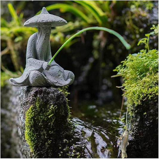 livelyfish Mini Fisherman Statue Asian Zen Decoration Sitting Fishing Figurines Sandstone Vintage Ornament for Aquarium Fish Tank Pot Garden Home Japanese Decor,D