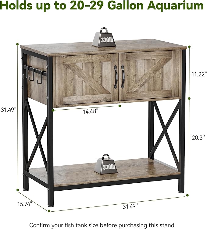 Petrova 20-29 Gallon Fish Tank Stand, Metal Double Aquarium Stand with Storage Cabinet, Heavy Duty 31.5" L* 16.54" W Tabletop, 330LBS Capacity, Rustic Brown