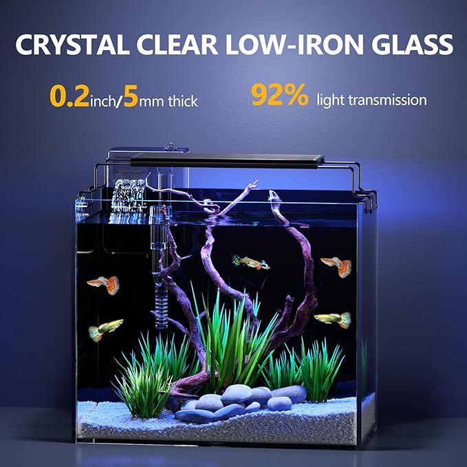 3 Gallon Fish Tank Aquarium Kit with HOB Filter, LED Light with Timer, Lid, Siphon Vacuum Cleaner, Self Cleaning Glass Rimless Betta Tank