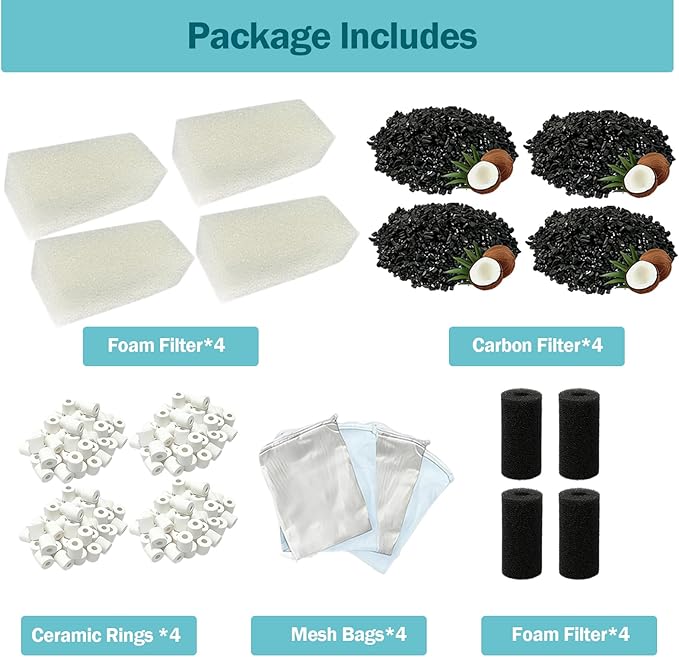 4-Set Three-Stage Filter Replacement Media Kit Compatible with AquaClear 50/70 Power Filters | Fish Tank Filter Media for 20-to-50 Gallon Aquariums | High-Efficiency Filtration Maintenance Accessory