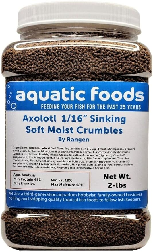 Axolotl Food 1/16" Soft Moist Sinking Salmon Crumbles for Baby Axolotl Also Shrimp, Snails, Crabs, Crayfish, Bottom Tropical Fish...2-lb Med Jar
